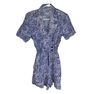Vintage Joan Walters Batik Print 80s Romper Size 10 Boho Blue White Cotton USA
